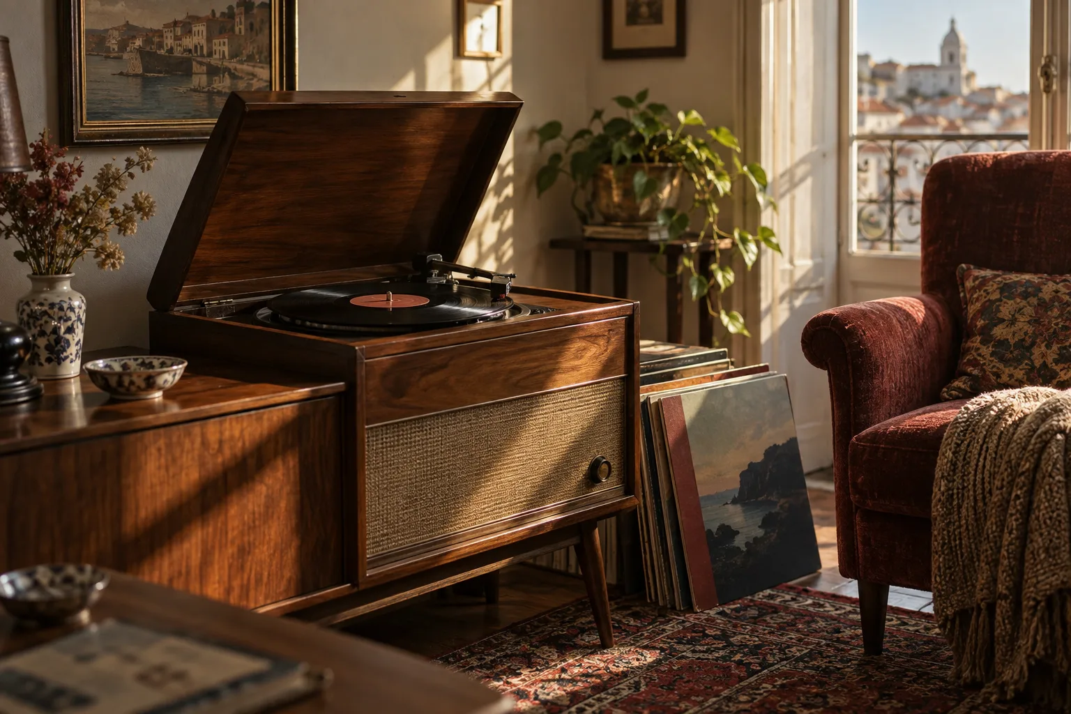 Gira-discos em madeira a tocar um disco de vinil numa sala de escuta luminosa