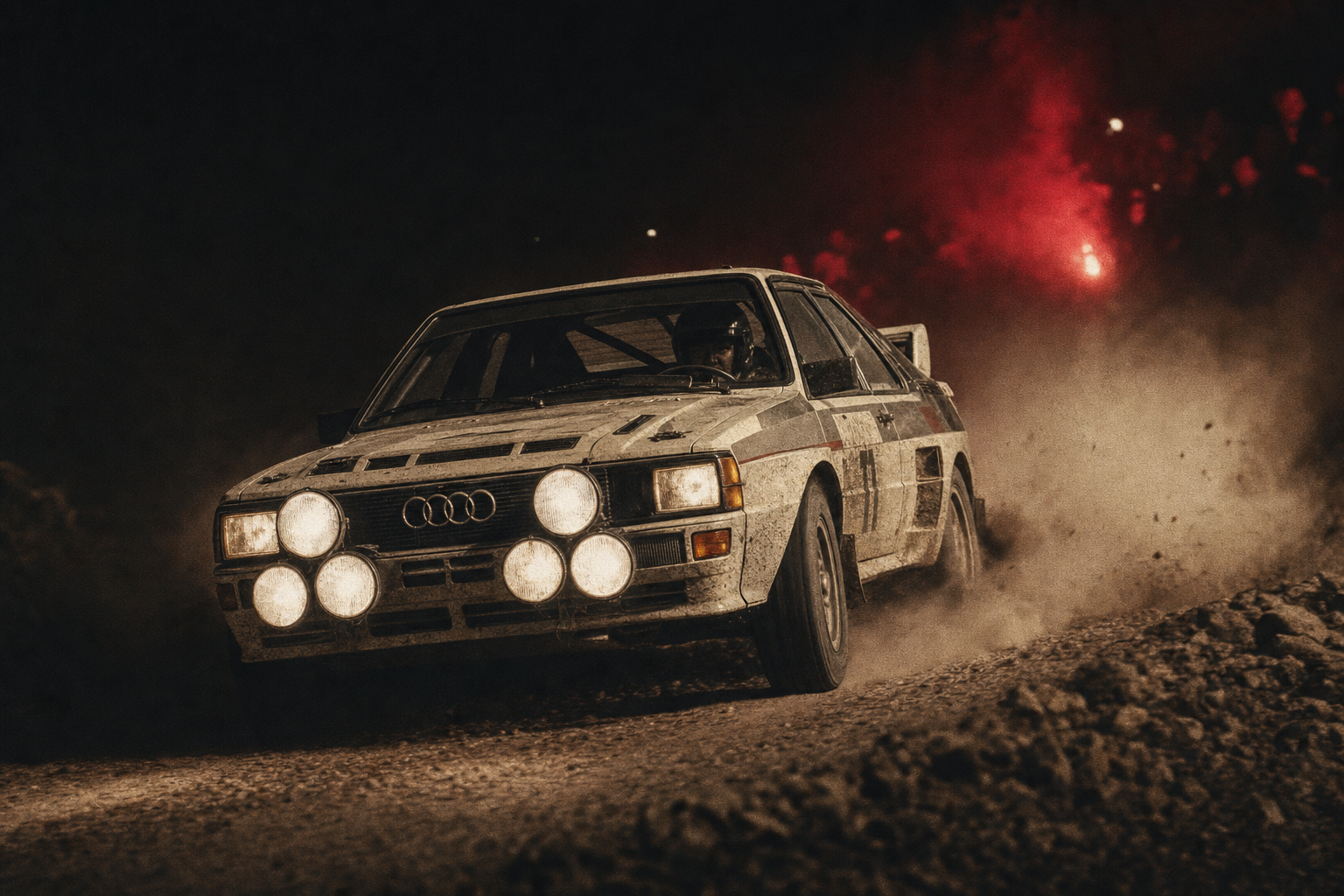 Audi Quattro em troço de rally noturno com faróis acesos