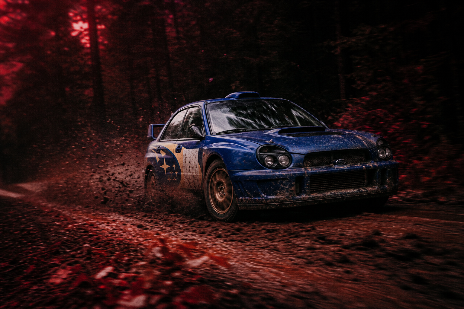 Subaru Impreza azul em troço de terra na floresta