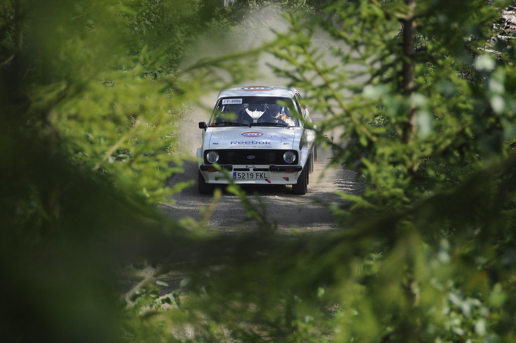 Carro de rally numa estrada estreita entre vegetação